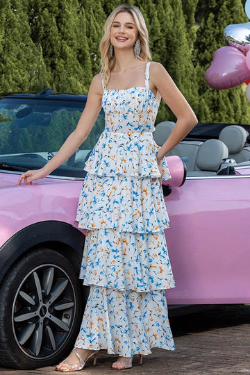 Blue Floral A Line Tiered Party Dress